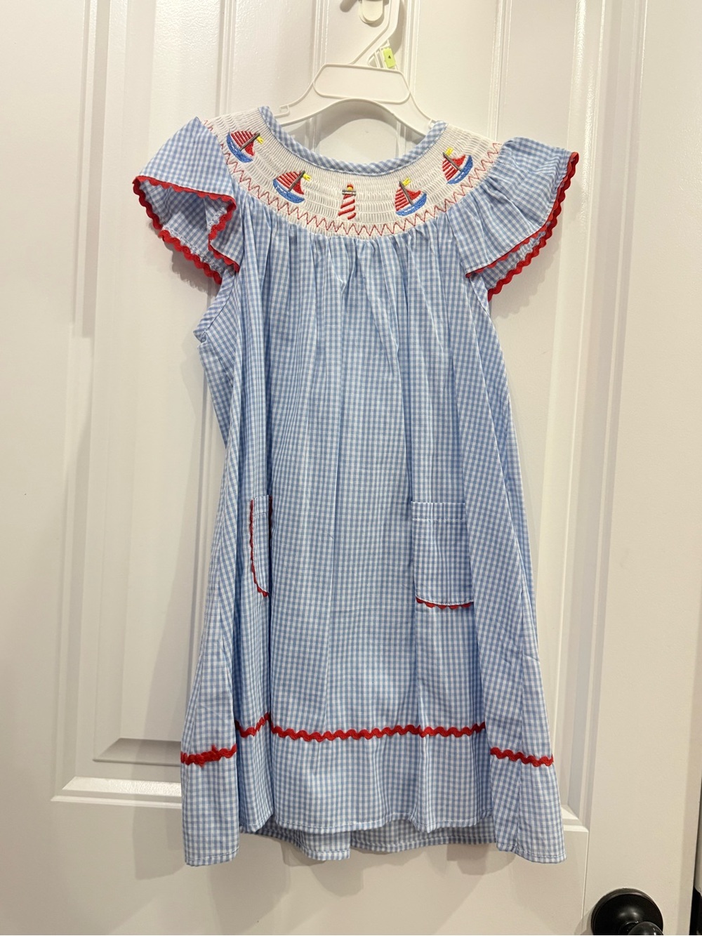 Girls' Light Blue Gingham Smocked Sailboat Dress with Red Trim